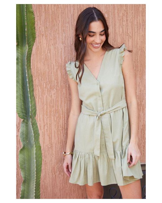 Threadbare Green 'Suzy' Linen Blend Frill Sleeve Mini Dress