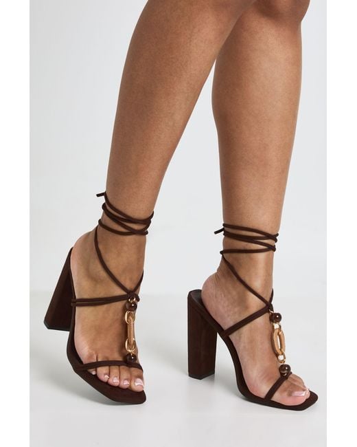 Boohoo Brown Faux Suede Bead Detail Strappy High Block Heels