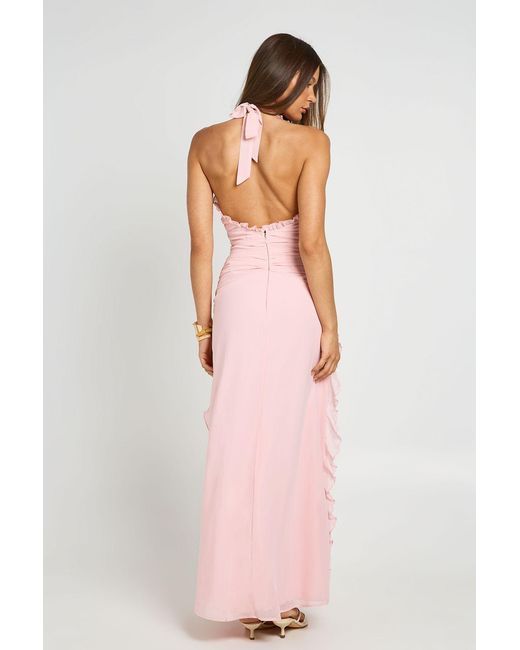 Boohoo Pink Chiffon Ruffle Detail Halterneck Maxi Dress