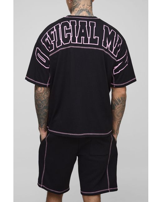 BoohooMAN Black Tall Official Contrast Stitch Oversized Boxy T-Shirt & Relaxed Jersey Short Set for men