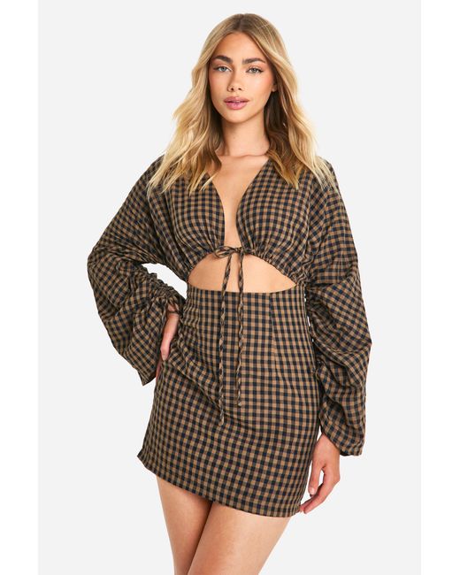 Boohoo Brown Gingham Volume Sleeve Mini Dress