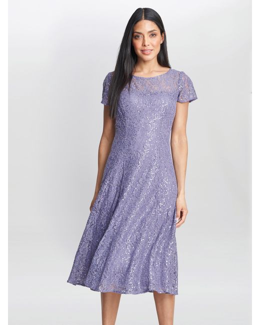 Gina Bacconi Purple Genny Cap Sleeve Midi Sequin Lace Dress