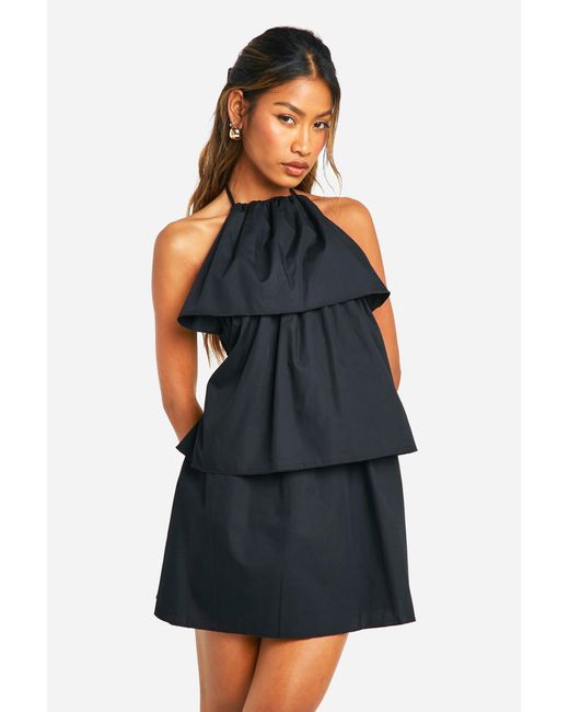 Boohoo Blue Halterneck Ruffle Cotton Poplin Playsuit