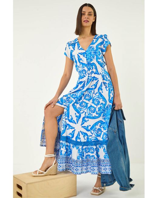 Roman Blue Border Print Button Midi Dress