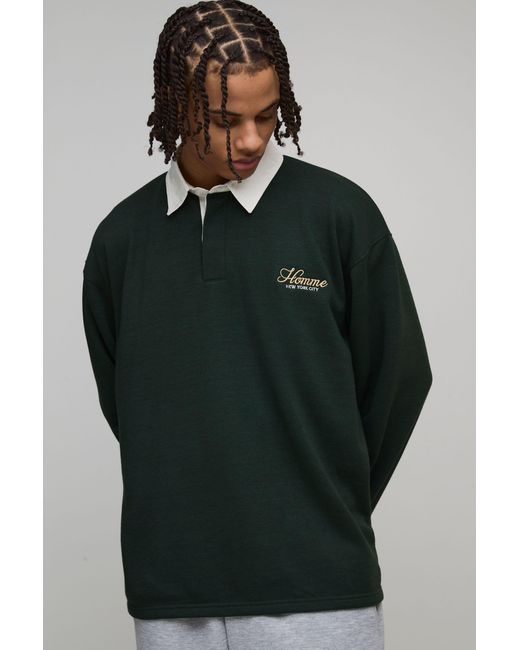 BoohooMAN Green Oversized Homme Loopback Rugby Polo for men