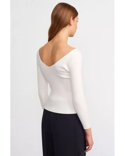 Hiccup White V Neck Ribbed Basic Sweater