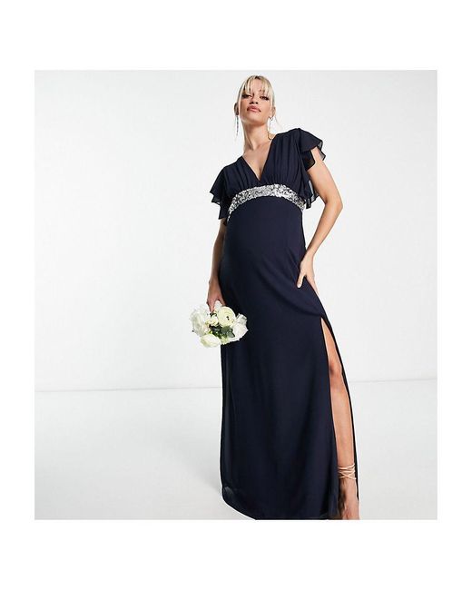 TFNC London Blue Maternity Bridesmaid Chiffon Maxi Dress With Flutter Sleeve And Embellished Waist