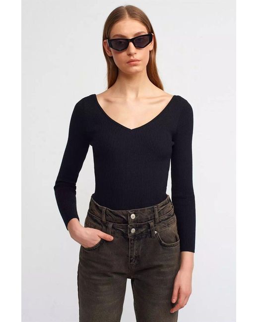 Hiccup Blue V Neck Ribbed Basic Sweater