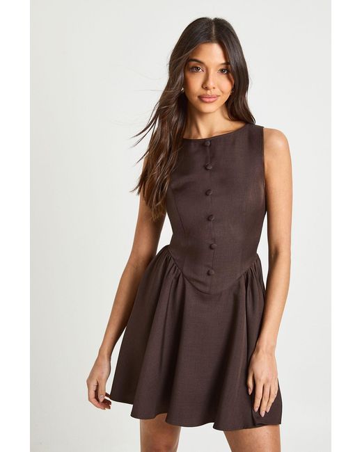 Boohoo Brown Dipped Waist Full Skirt Mini Dress