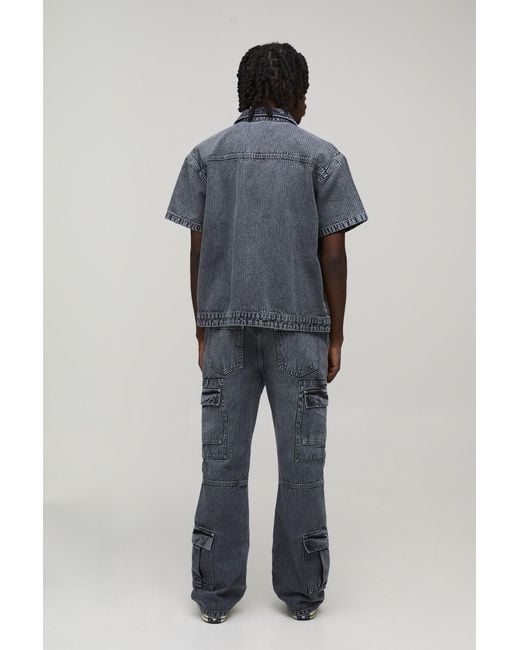 BoohooMAN Black Herringbone Denim Cargo Flared Jeans for men