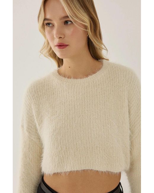 Hiccup Natural Textured Crop Sweater With Crew Neck