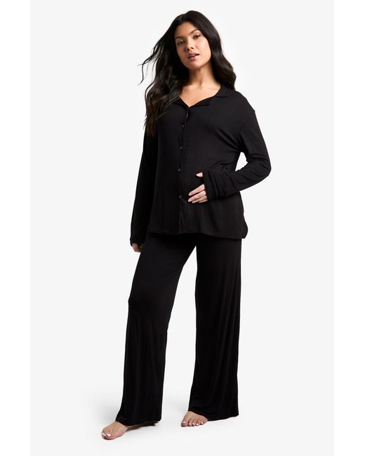 Boohoo Black Maternity Long Sleeve Shirt & Trouser Pj Set
