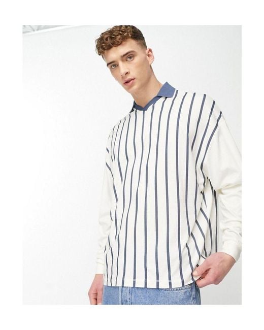ASOS White Oversized Long Sleeve Polo Shirt With Stripe Print for men