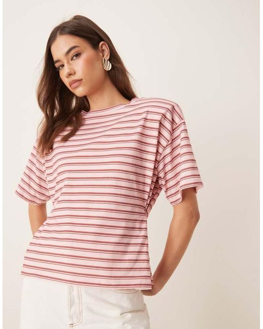 ASOS Pink Stripe Cinched T Shirt With Shoulder Pads