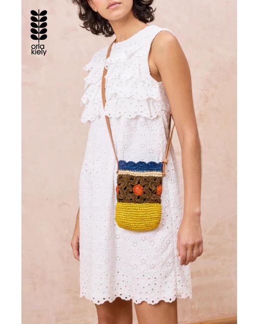 Orla Kiely Brown Woven Raffia Crossbody Phone Pouch With Adjustable Strap