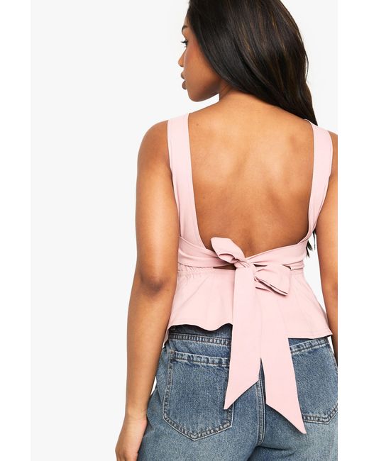 Boohoo White Bengaline Tied Open Back Peplum Top