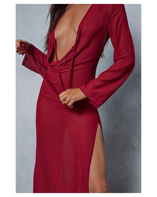 MissPap Red Chiffon Plunge Drape Detail Split Leg Maxi Dress