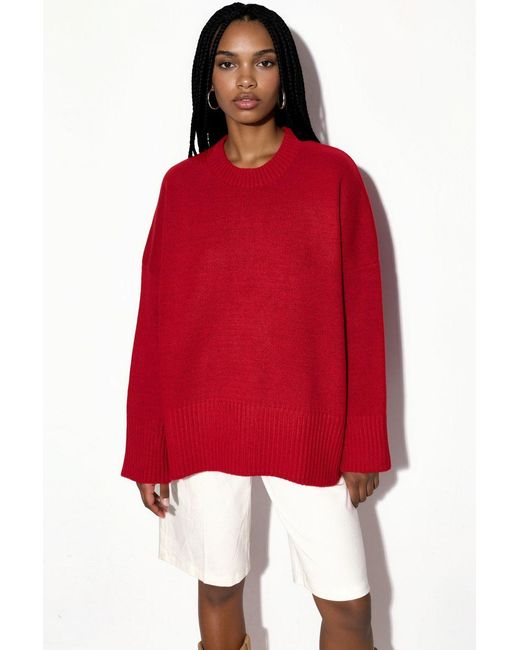 Hiccup Red Oversized Crew Neck Knit Sweater