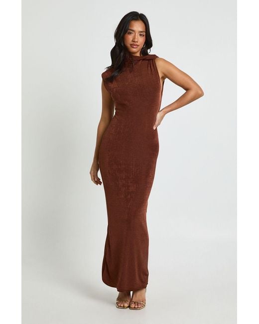 Boohoo Brown Petite Acetate Slinky Twist Neck Maxi Dress