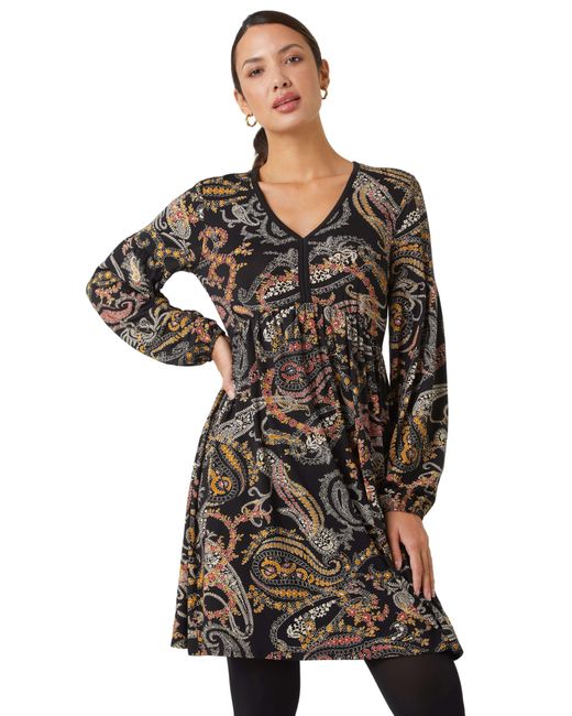 Roman Black Paisley Print Stretch Dress