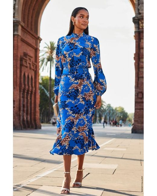 Sosandar Blue Baroque Print Keyhole Detail Belted Fit & Flare Dress
