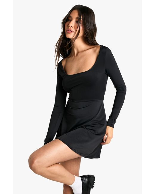 Boohoo Black Scoop Neck Long Sleeve Skort Playsuit