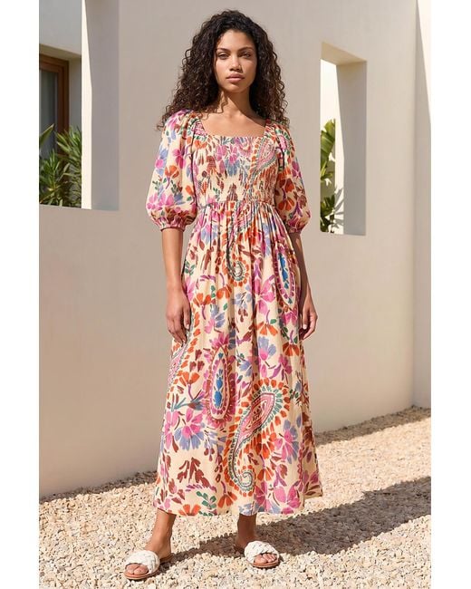 Roman Pink Petite Paisley Print Shirred Dress