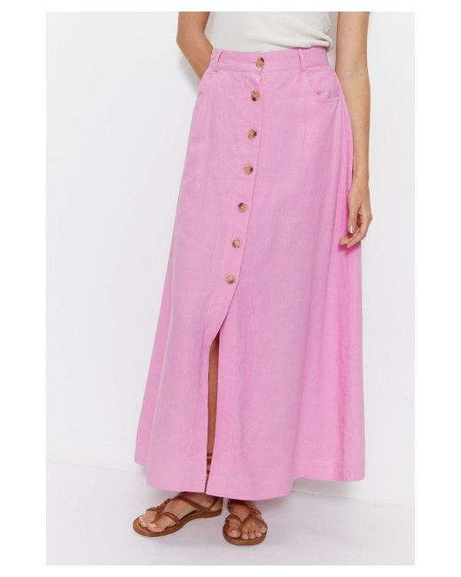 Warehouse Pink Linen Button Detail Midi Skirt