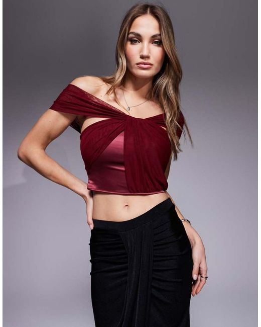ASOS Purple One Shoulder Drape Mesh And Satin Mix Top