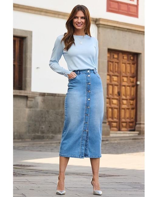 Sosandar Blue Mid Button Front Denim Midi Skirt