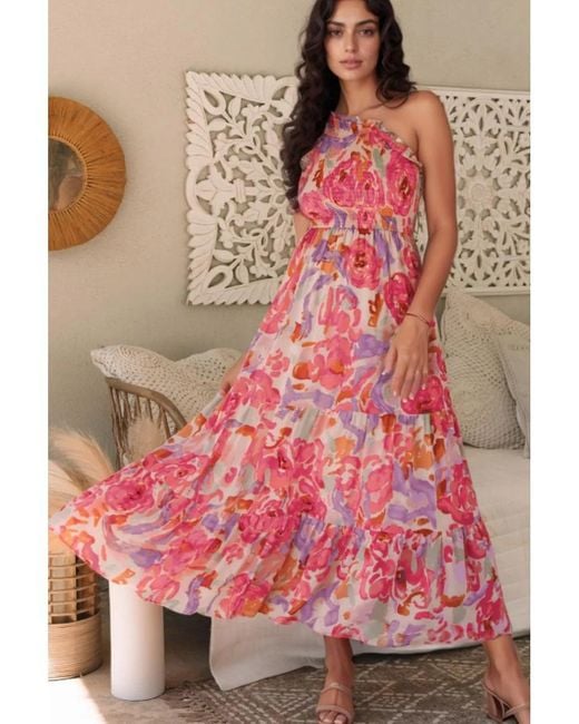 Everyday the Label Dames Maxi-jurk Met Floral Print En Rimpel Één Schouder in het Pink