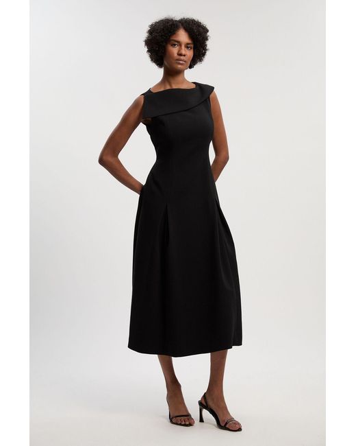 Karen Millen Black Compact Stretch Asymmetric Neck Tailored Full Skirted Dress