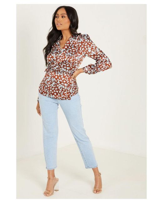 Quiz Blue Satin Animal Print Wrap Shirt