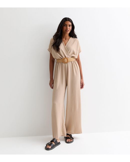 Gini London Natural Short Sleeves Elasticated Waist Belted Jumpsuit