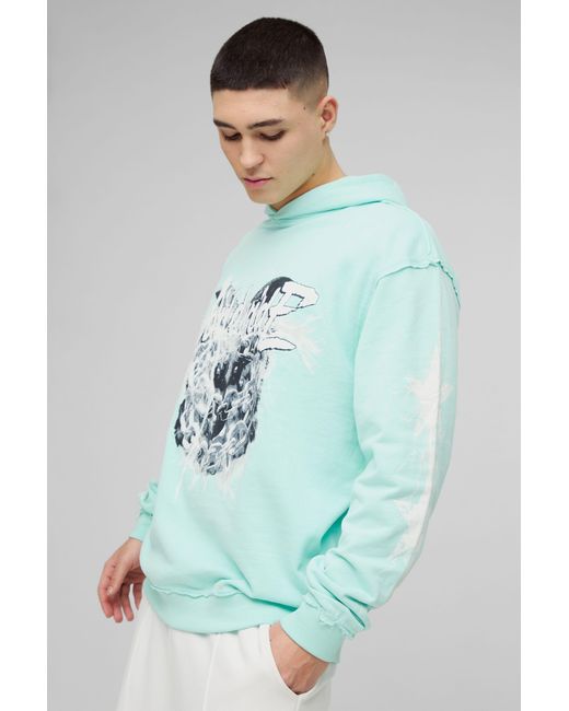 BoohooMAN Green Oversized Loopback Raw Seams Worldwide Printed Hoodie for men