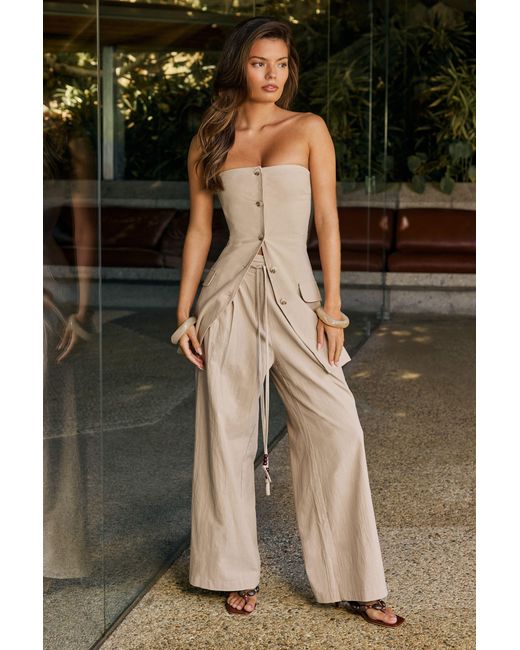 Boohoo Black Linen Beaded Tie Detail Wide Leg Trouser