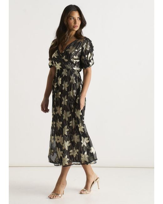 Gini London Black Floral Lurex Animal Wrap Front Dress