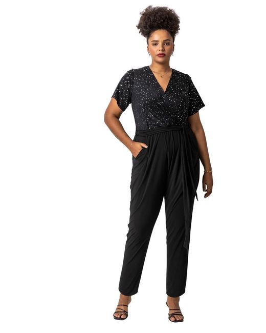 Roman Curve Black Sparkle Wrap Jumpsuit