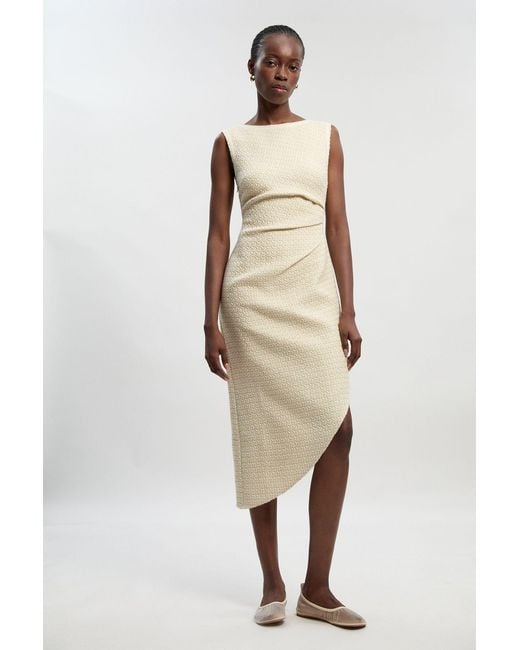 Karen Millen Natural Boucle Tailored Ruched Detail Midi Dress