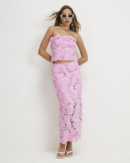 River Island Pink Skirt Pencil Lace Midi Zip