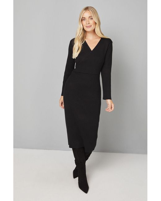 Wallis Black Petite Asymmetric Rib Knitted Dress