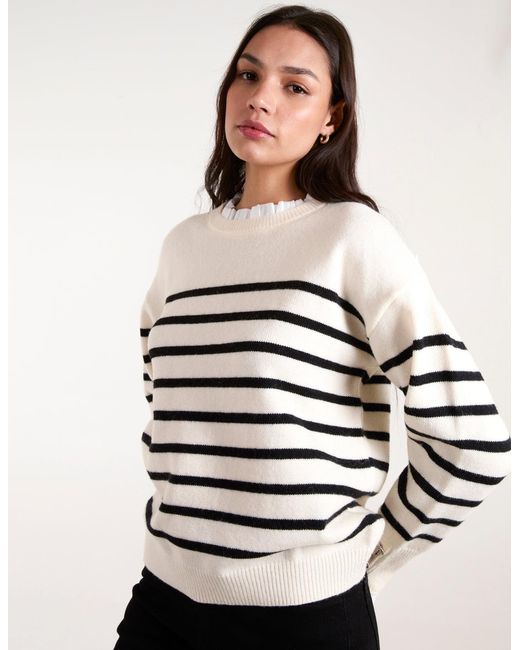 Blue Vanilla Black Horizontal Stripes Bow Button Detailed Jumper
