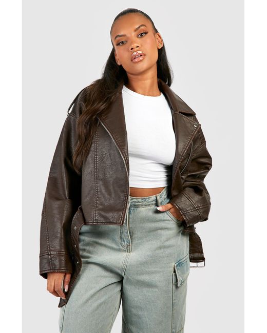 Boohoo Brown Plus Vintage Faux Leather Crop Biker Jacket
