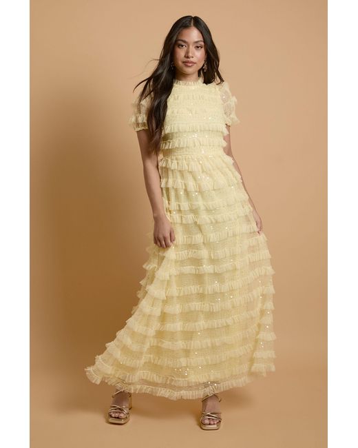 Oasis Natural Petite Tiered Mesh Sequin Occasion Maxi Dress