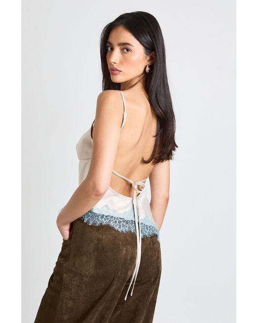 Boohoo White Satin Tie Back Contrast Lace Cami Top