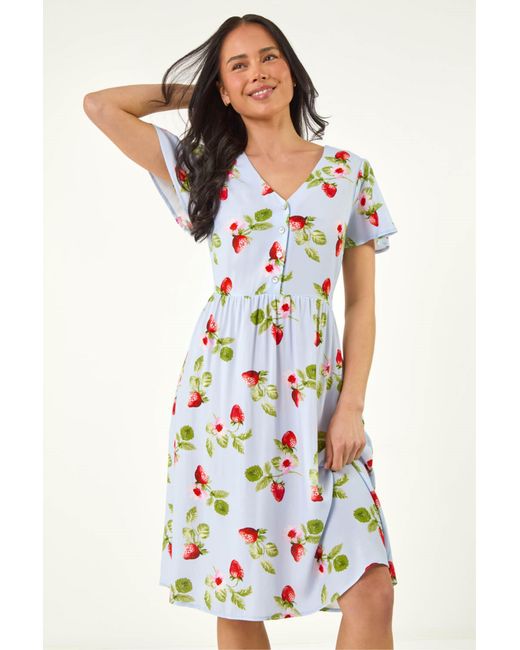 Roman White Petite Strawberry Print Pocket Dress