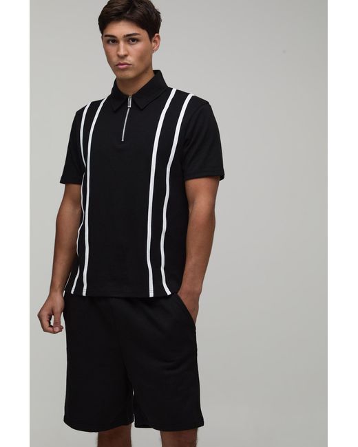 BoohooMAN Black Regular Fit Zip Up Stripe Polo & Jersey Short Set for men