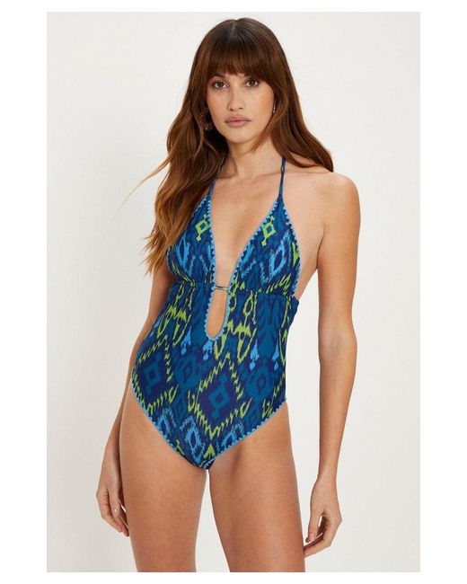 Oasis Blue Aztec Shiny Keyhole Strappy Swimsuit