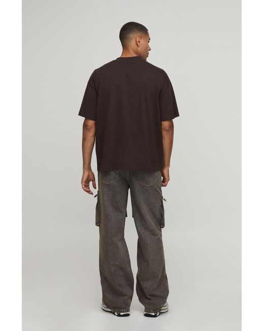 BoohooMAN Black Pleat Knee Belted Relaxed Fit Cargo Jeans for men