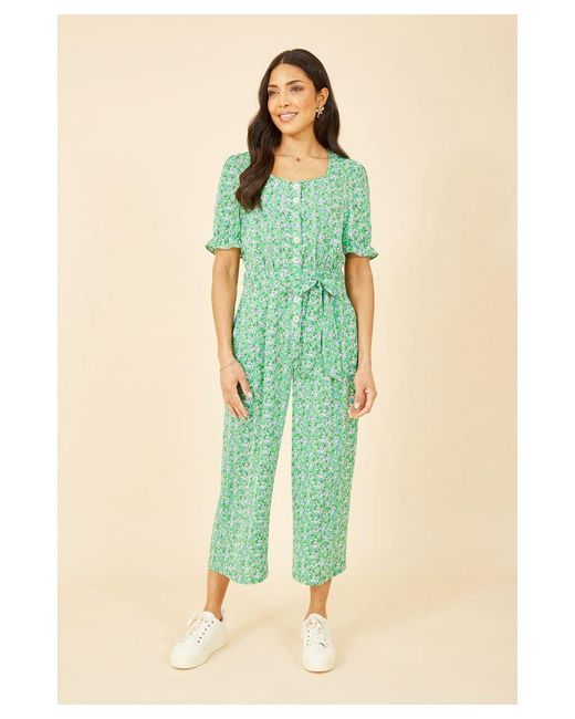 Yumi' Green Floral Puff Sleeve Jumpsuit